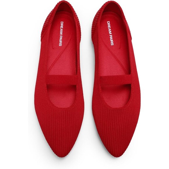 Women's Red Knit Ballet Pointed Toe Comfortable Dressy Mary Jane Flats Shoes